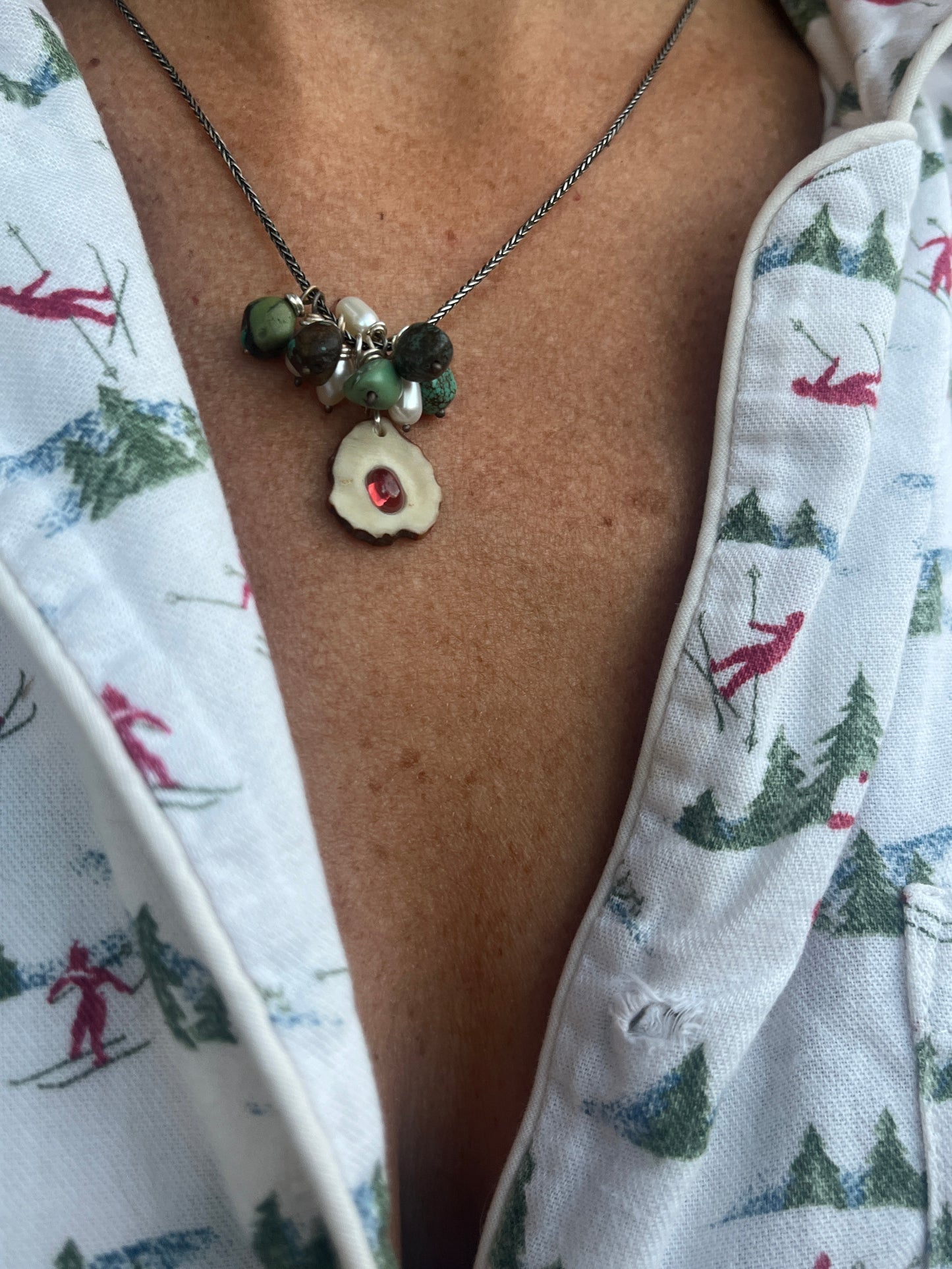 whitetail antler x Mozambique Garnet x turquoise nugget necklace