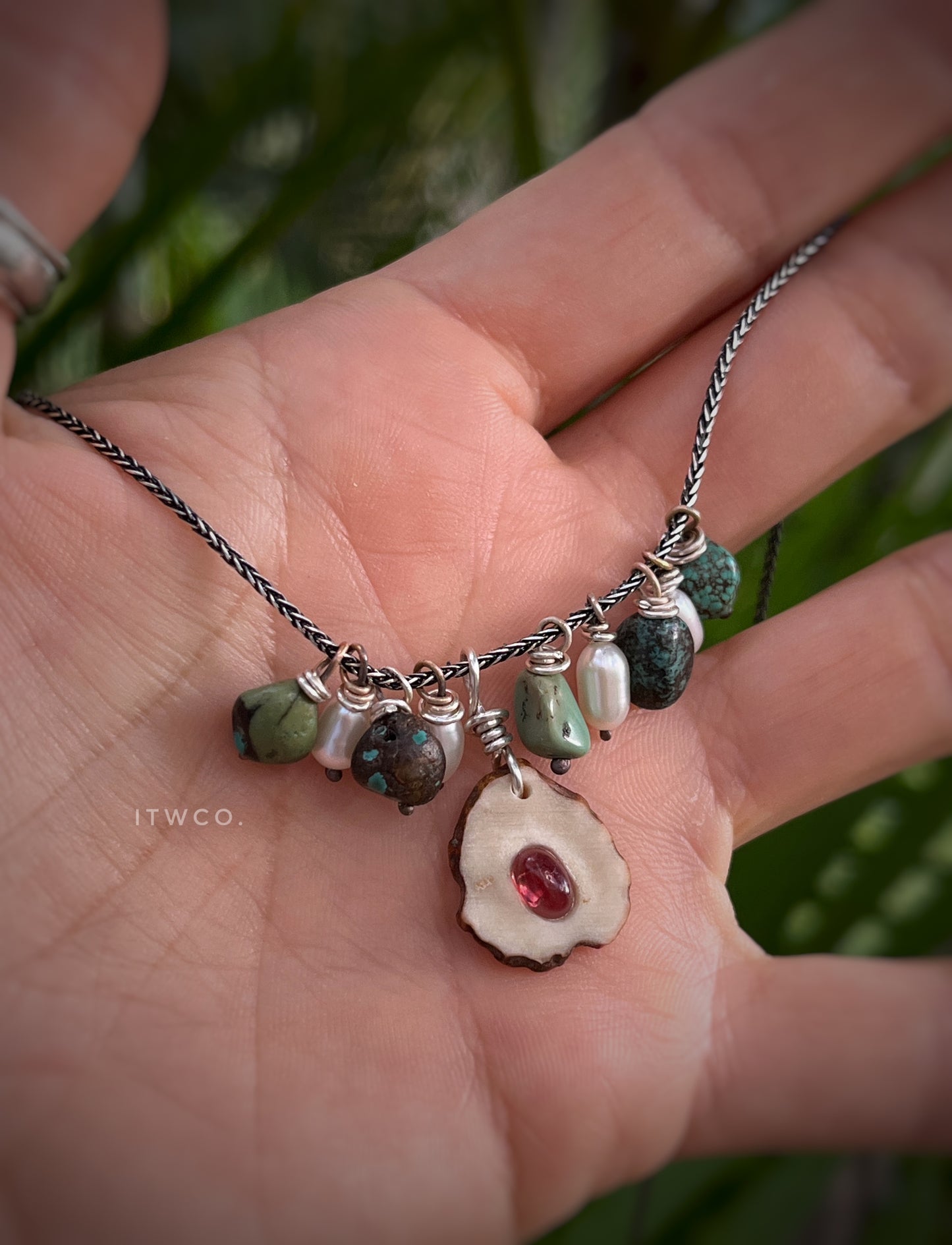 whitetail antler x Mozambique Garnet x turquoise nugget necklace