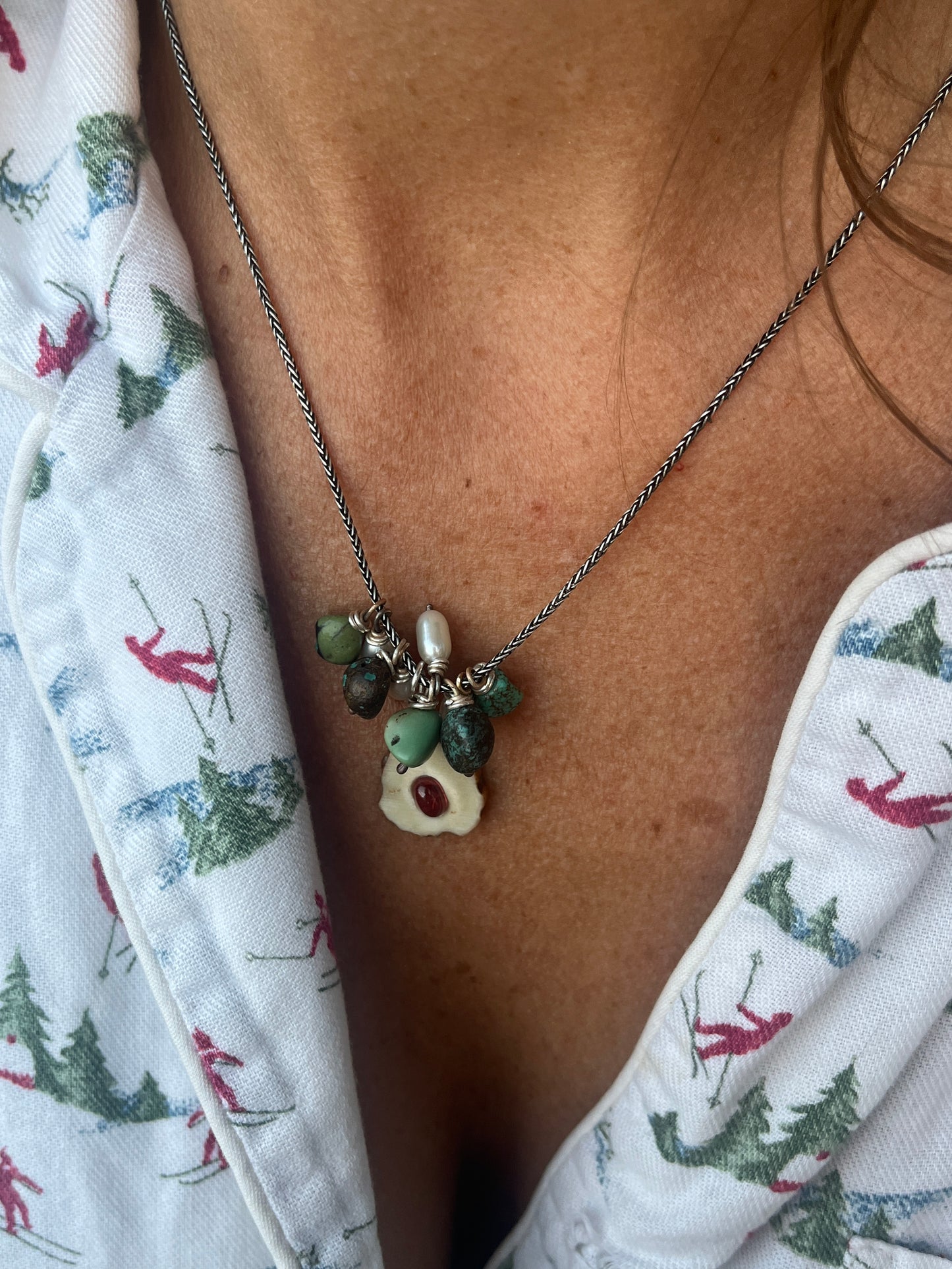 whitetail antler x Mozambique Garnet x turquoise nugget necklace