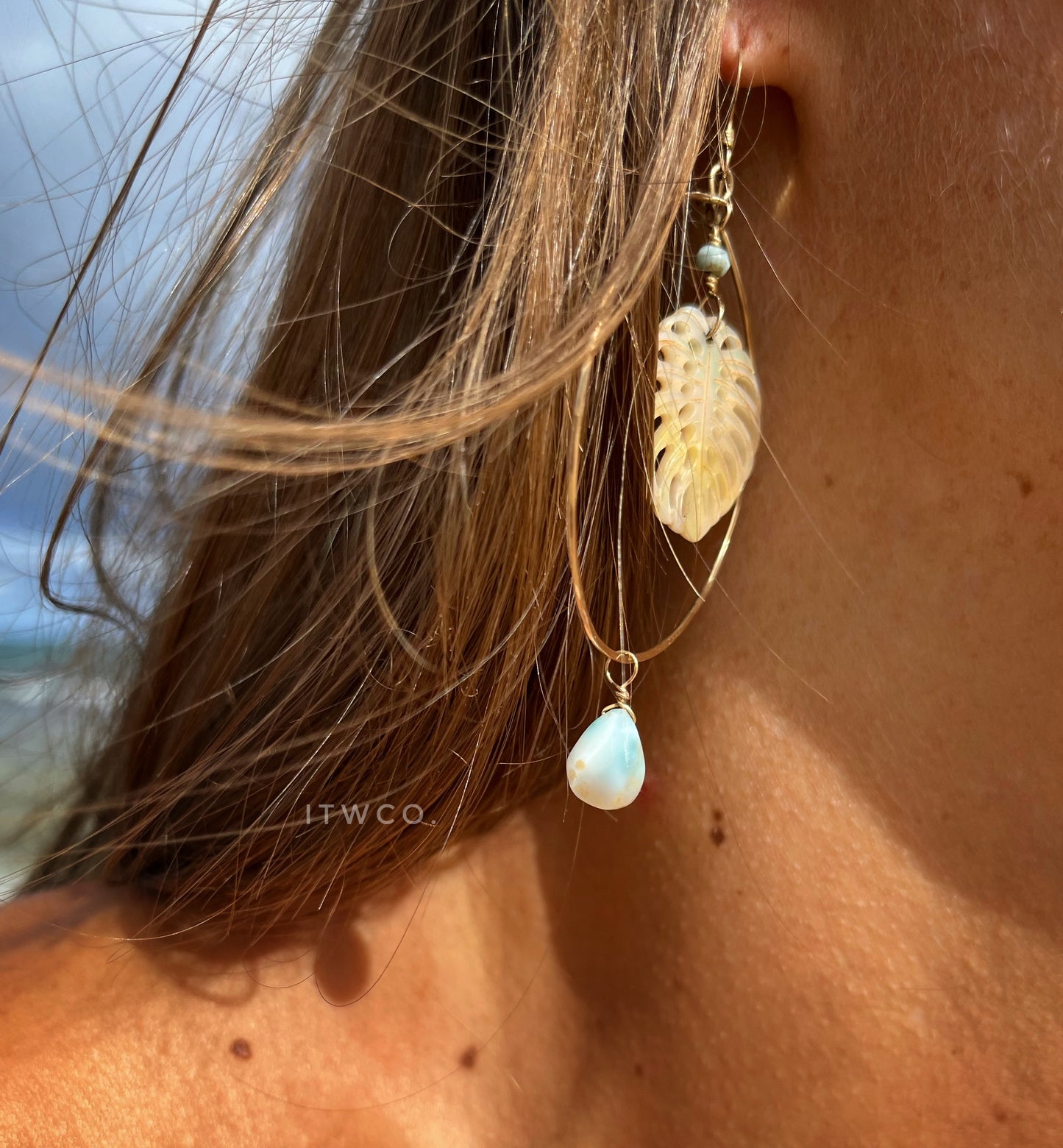 Mother of Pearl Monstera x Larimar Hoops