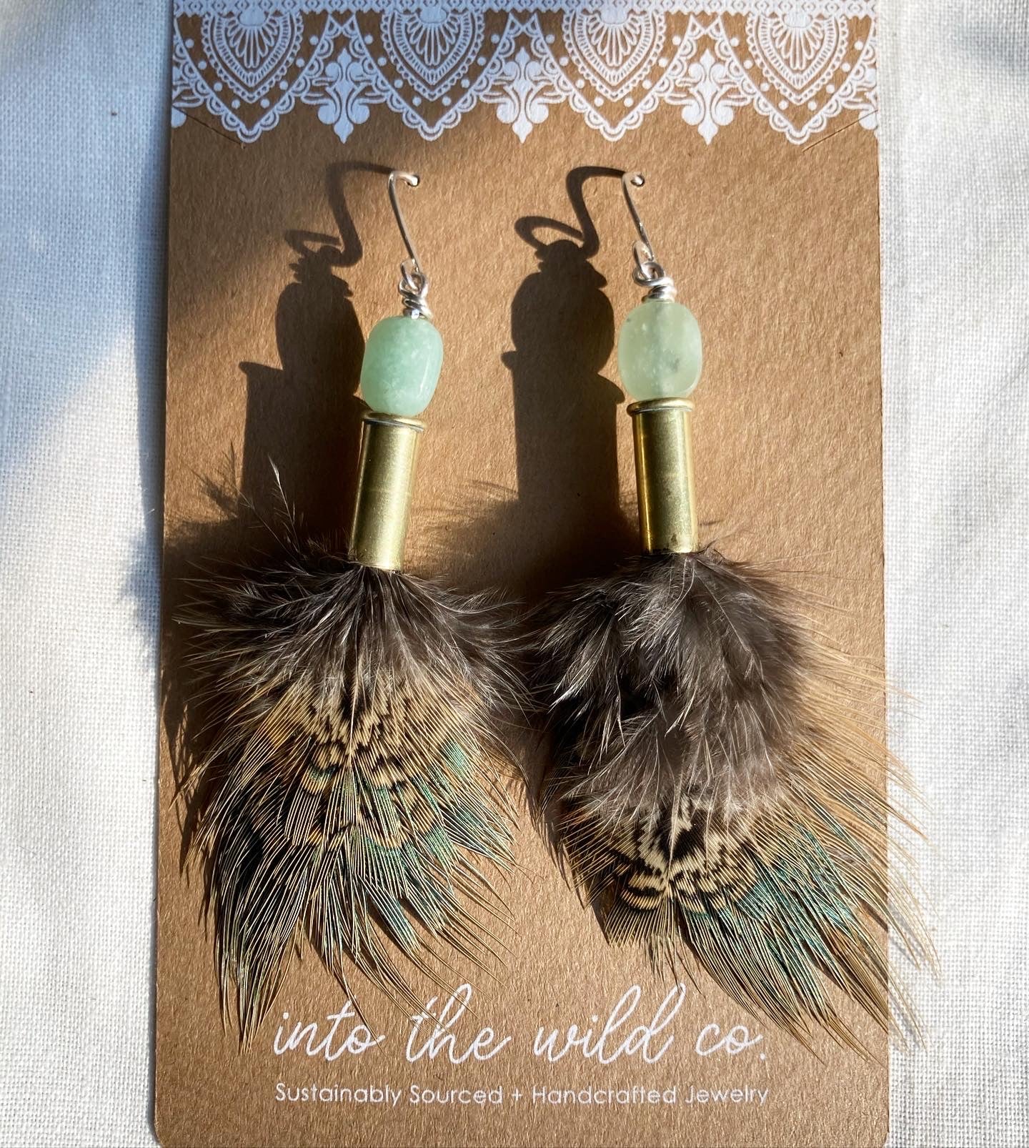 Light Green Feather + Jade + Recycled .22 Bullet Earrings
