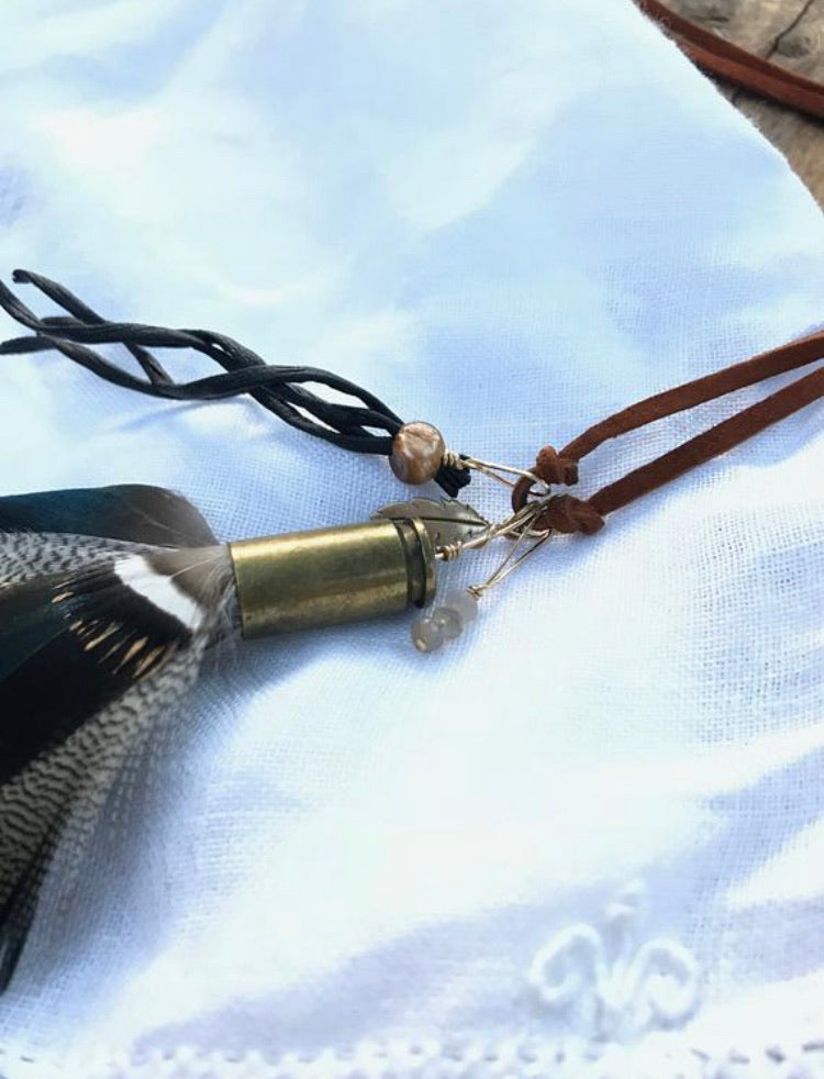 Mixed Feather + Recycled Ammo Charm Necklace