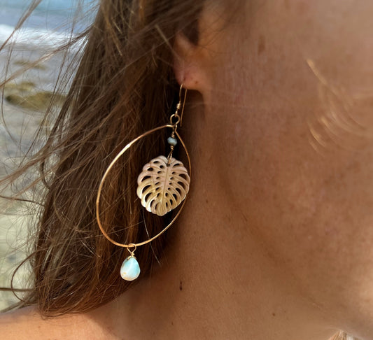 Mother of Pearl Monstera x Larimar Hoops