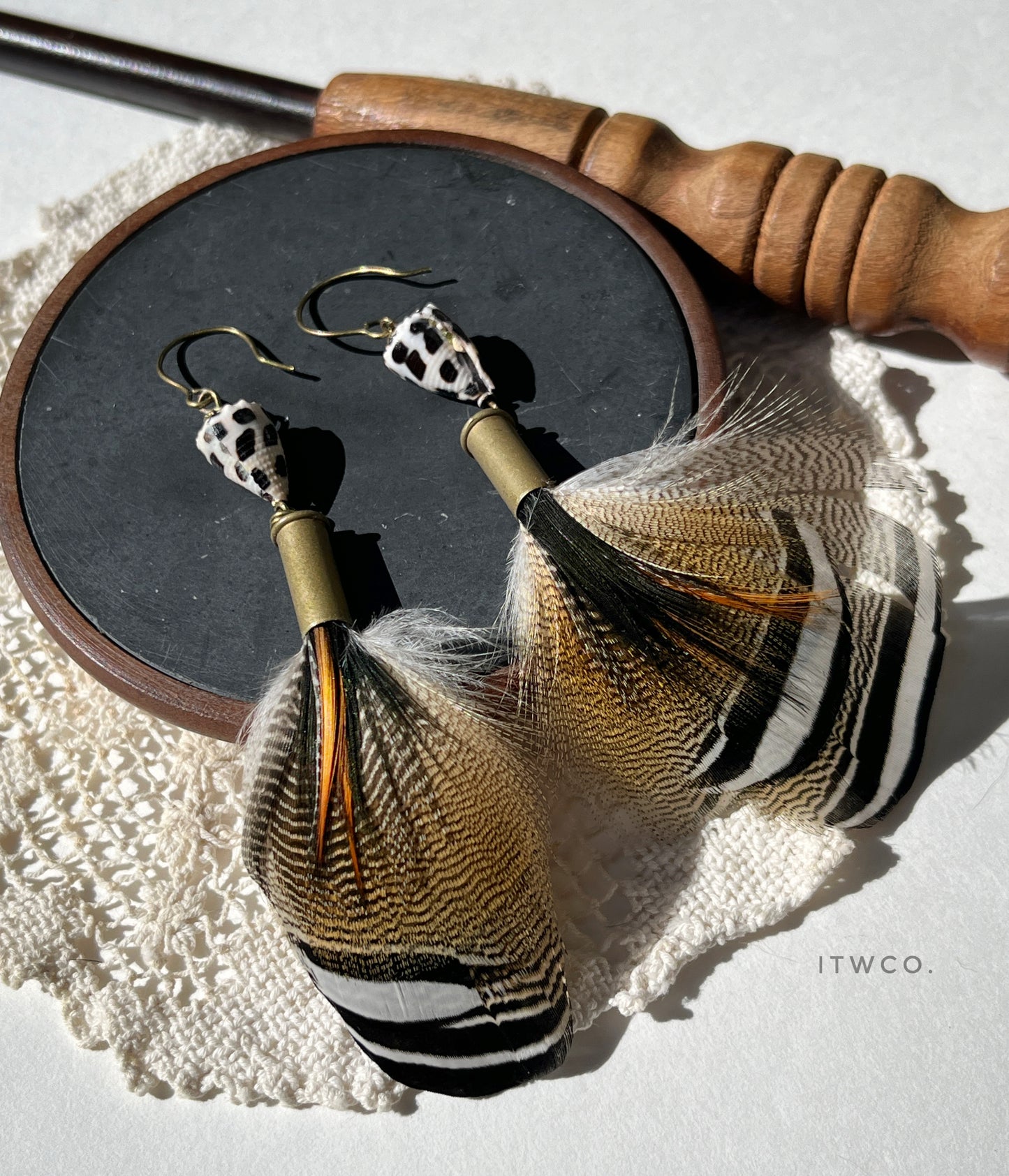 Hawaiian seashell x feather x recycled .22 cartridge earrings *rts