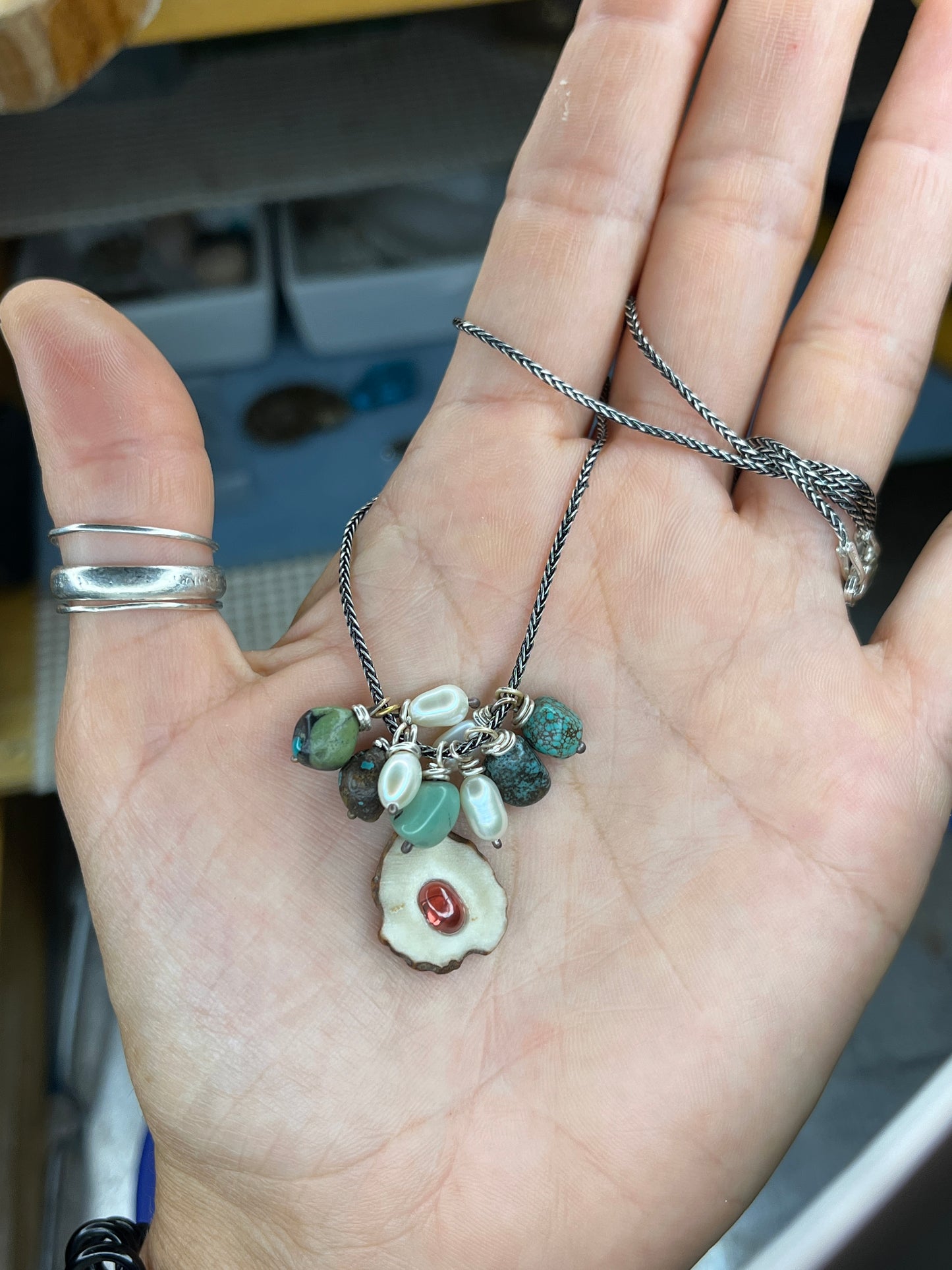 whitetail antler x Mozambique Garnet x turquoise nugget necklace