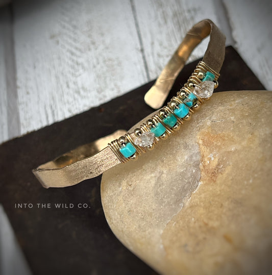 Turquoise x Herkimer Diamond Hammered Cuff Bracelet MTO