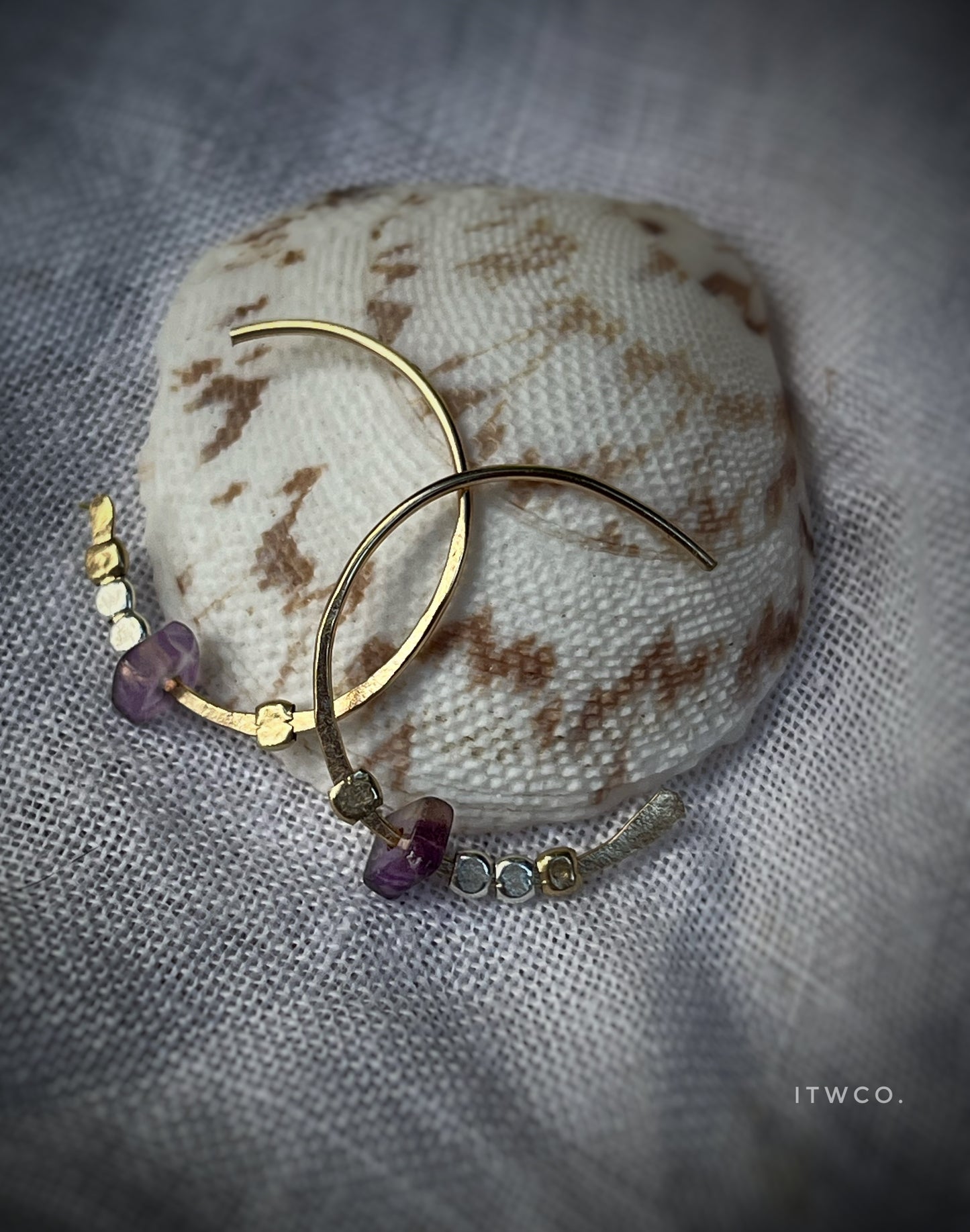 Amethyst + mixed metal bull horn threader hoops