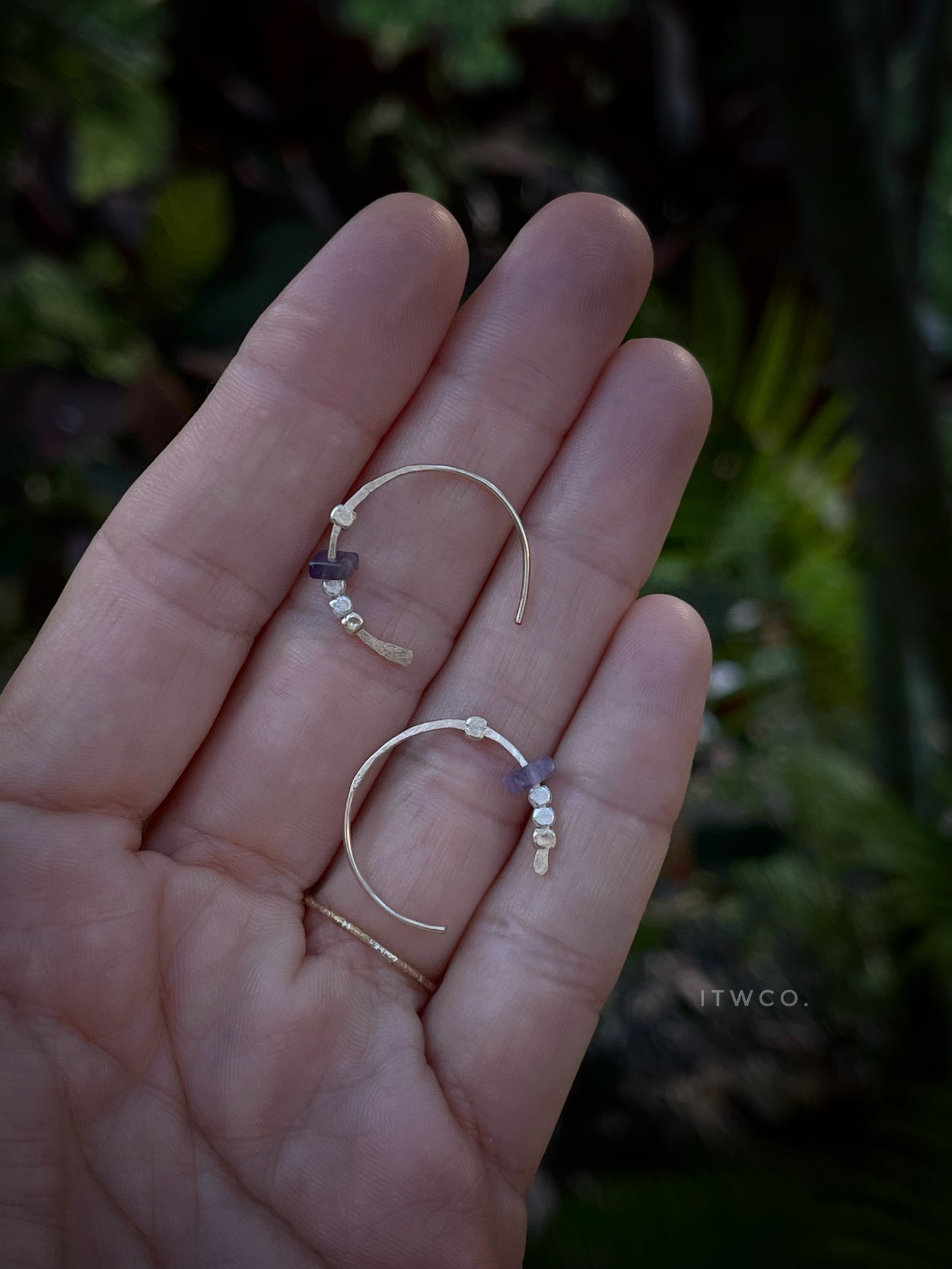 Amethyst + mixed metal bull horn threader hoops