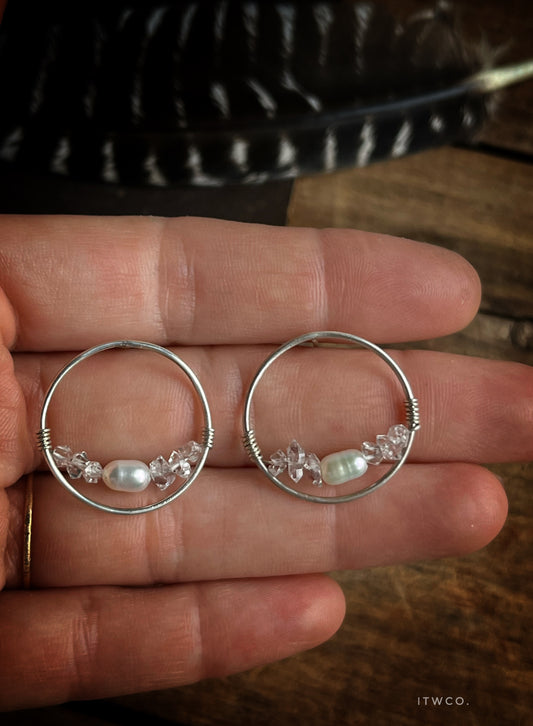 herkimer X pearl sterling hoops