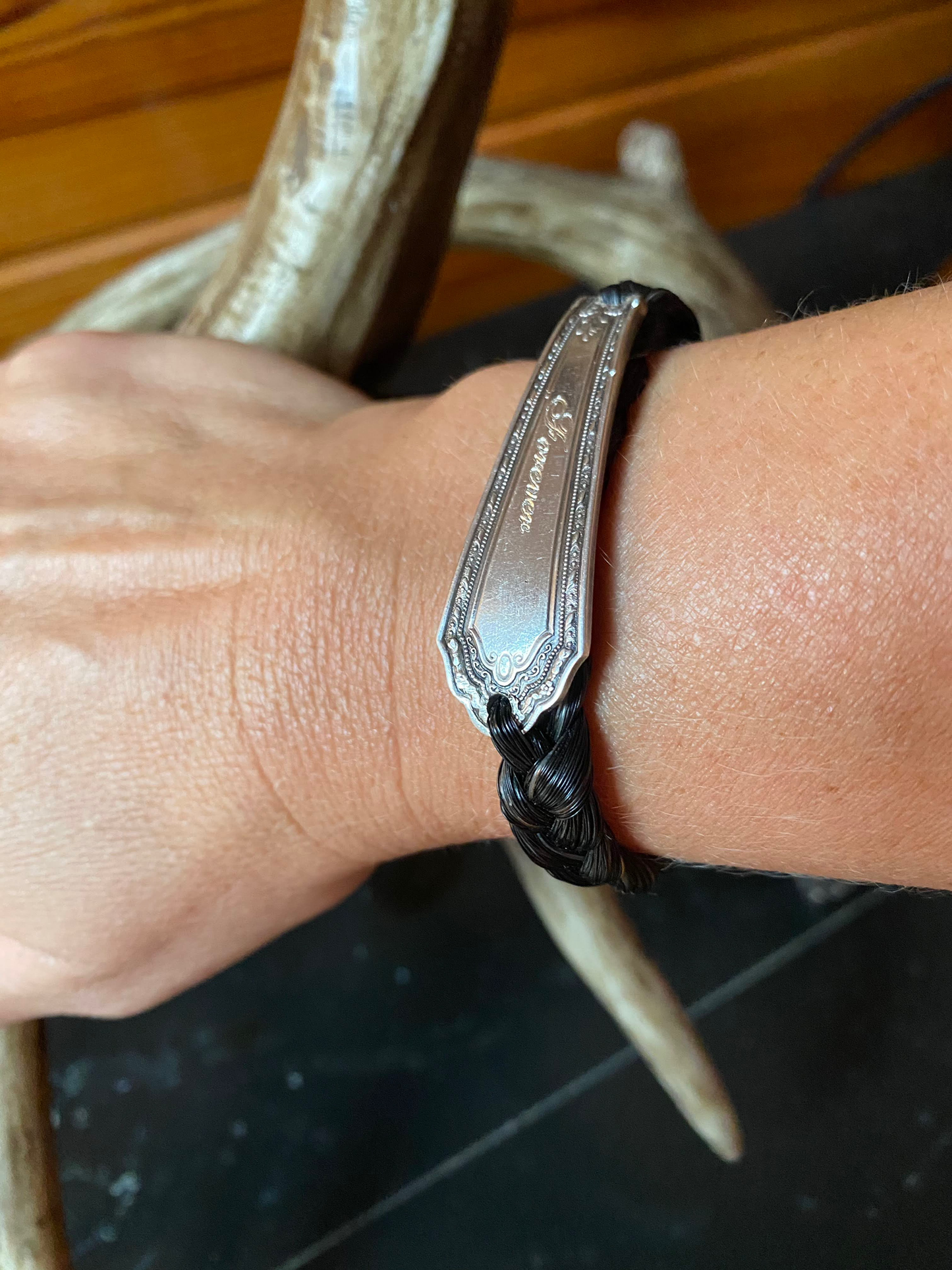 Custom Horsehair + Engraved Antique Sterling Spoon Bracelet