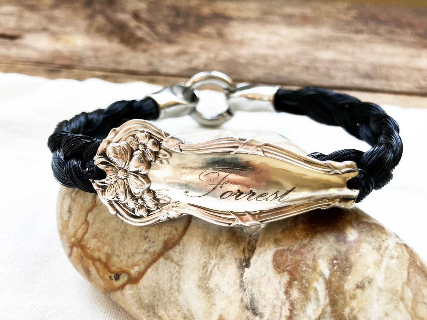 Custom Horsehair + Engraved Antique Sterling Spoon Bracelet