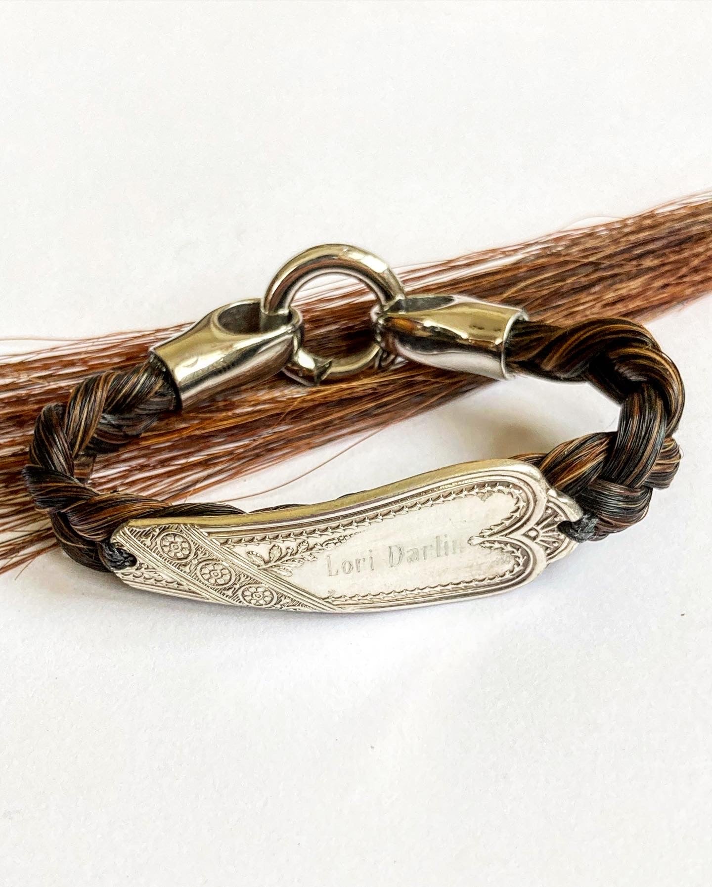 Custom Horsehair + Engraved Antique Sterling Spoon Bracelet