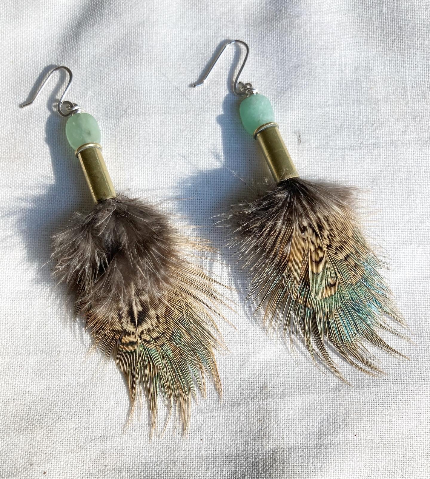 Light Green Feather + Jade + Recycled .22 Bullet Earrings
