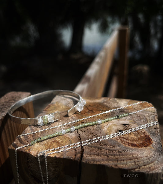 SET* Hammered Sterling Cuff Bracelet + Necklace | Herkimer Diamond x Peridot ♢ rts