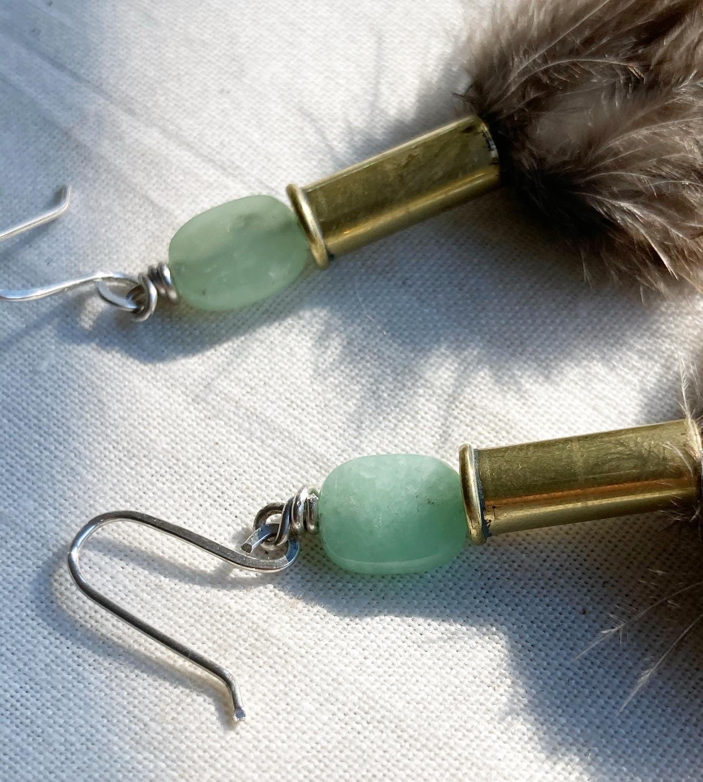 Light Green Feather + Jade + Recycled .22 Bullet Earrings